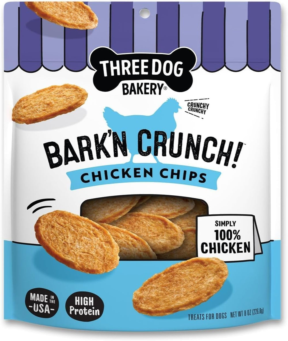 Three Dog Bakery Bark'N Crunch front view of chicken chips, single-ingredient snack