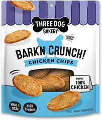 Three Dog Bakery Bark'N Crunch front view of chicken chips, single-ingredient snack