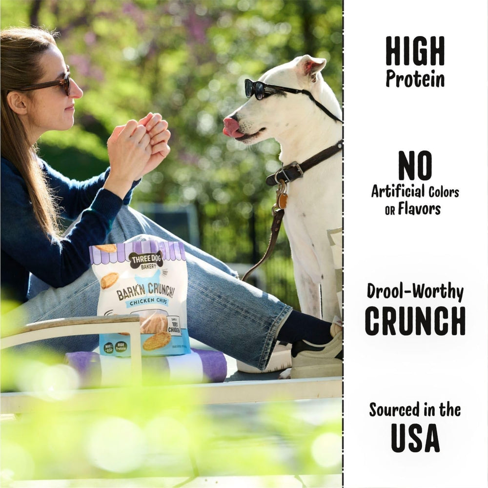 Three Dog Bakery Bark'n Crunch single-ingredient chicken chips show simple protein-forward treat.