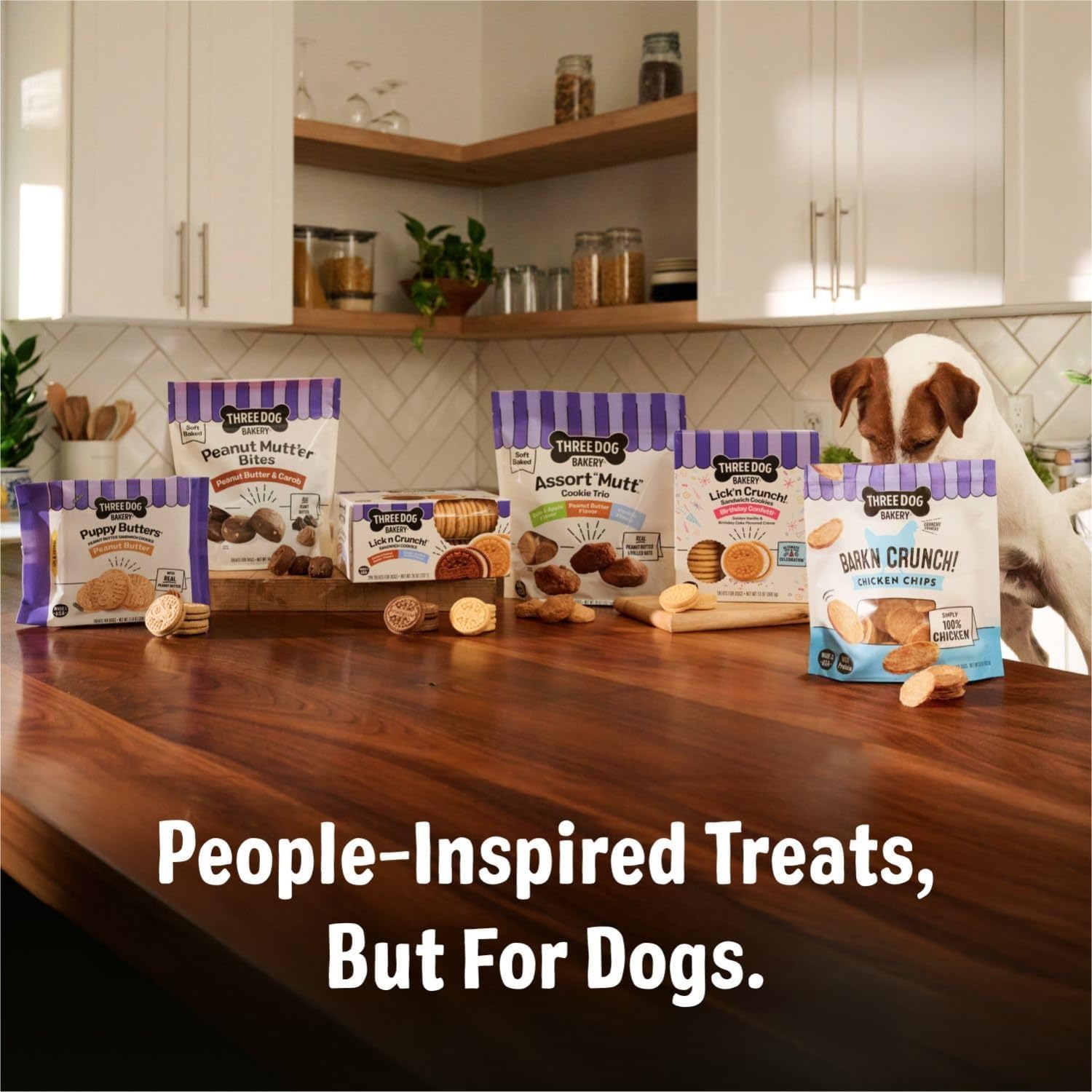Three Dog Bakery Bark'N Crunch packaging shows multiple sizes for dogs
