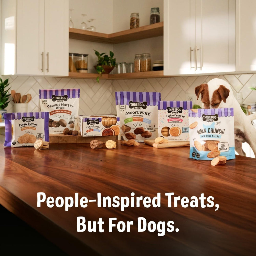 Three Dog Bakery Bark'N Crunch training rewards shot, ideal for training sessions.