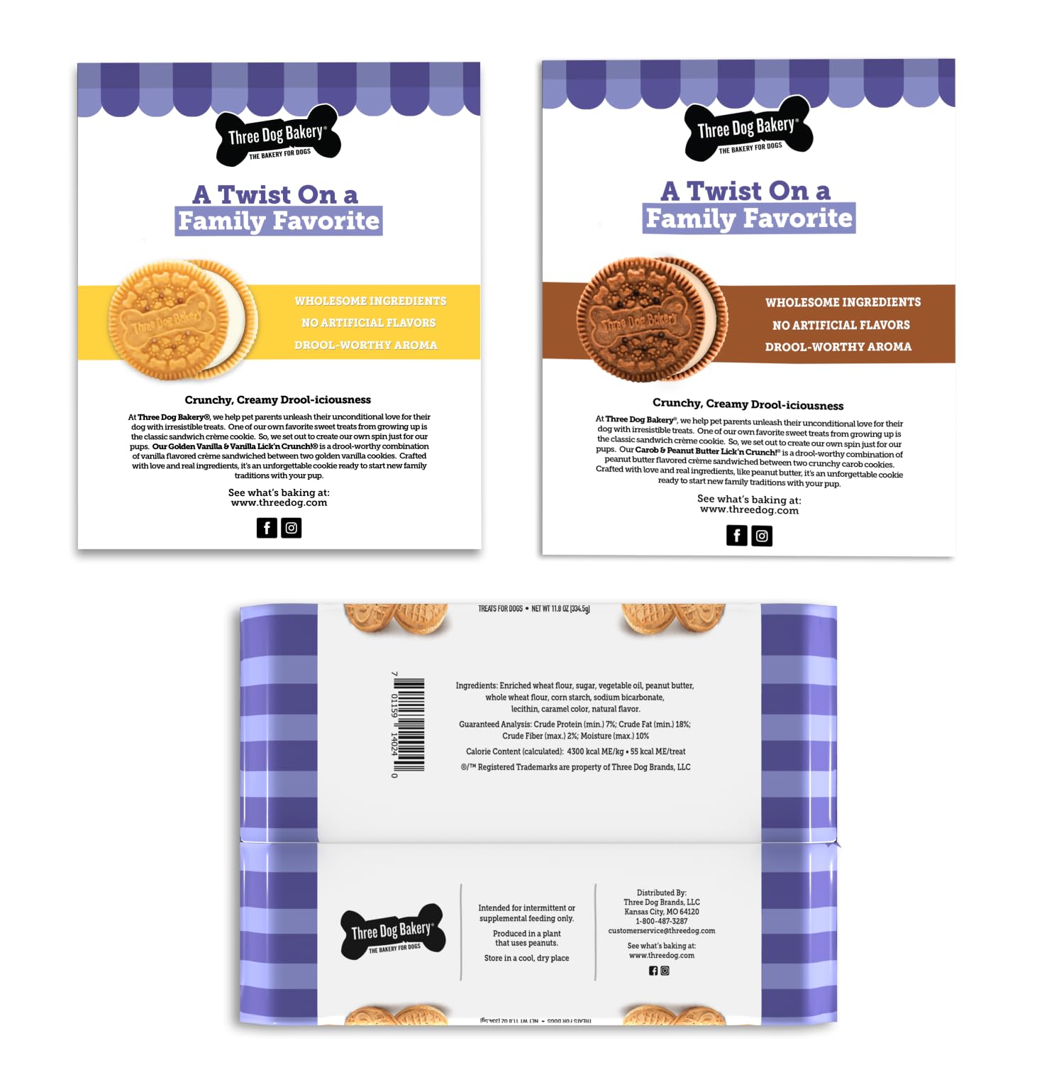 Three Dog Bakery carob peanut butter cookies— wholesome ingredients for a tasty snack.