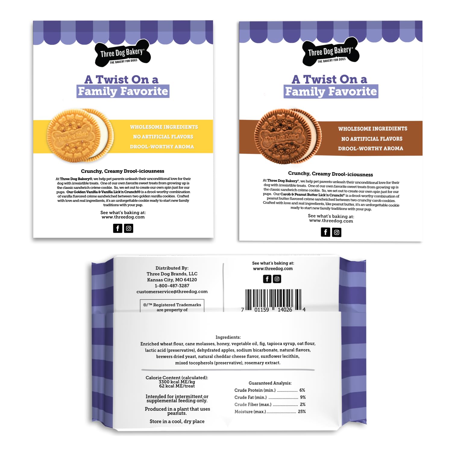 Three Dog Bakery classic cookies carob visual focus dog-safe alternative.