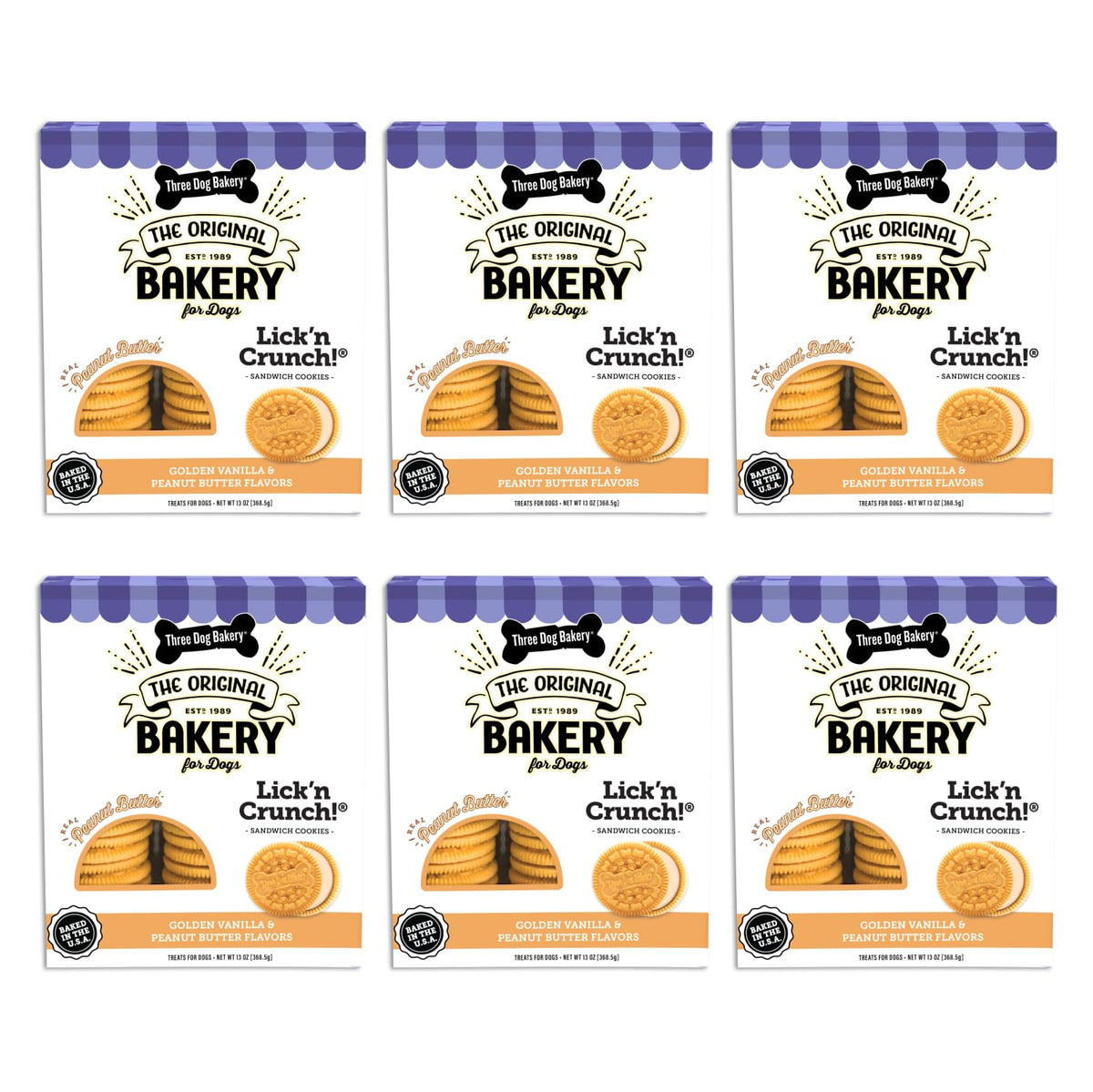 Three Dog Bakery lick'n crunch sandwich cookie pack of six, perfect for training rewards.