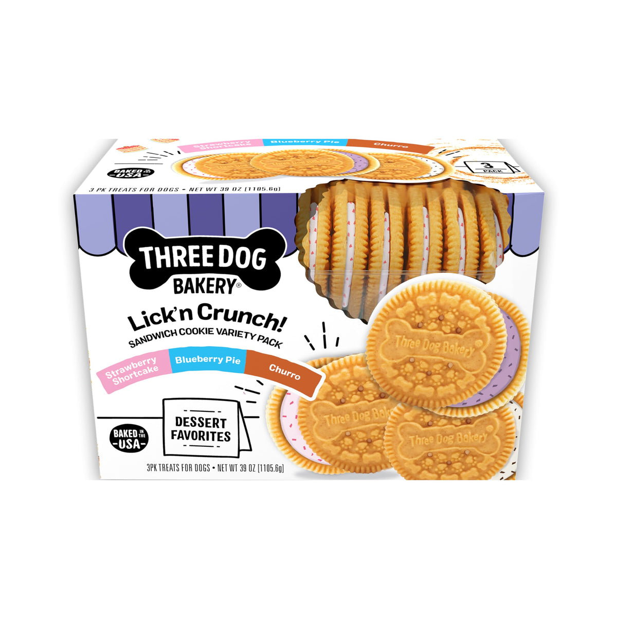 Three Dog Bakery Lick’n Crunch dessert pack front view, ideal for training rewards.