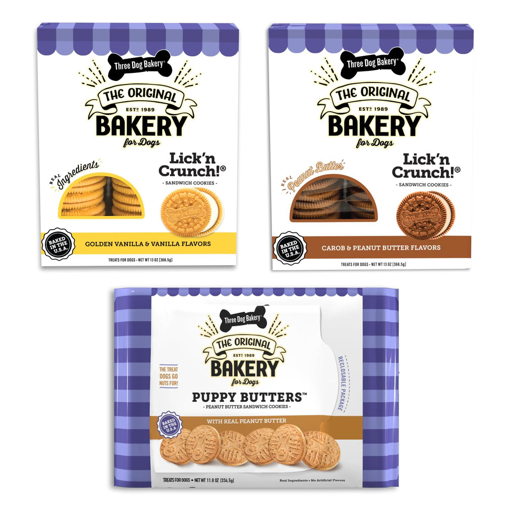 Three Dog Bakery Lick'n Crunch cookies in a resealable box, ideal training rewards.