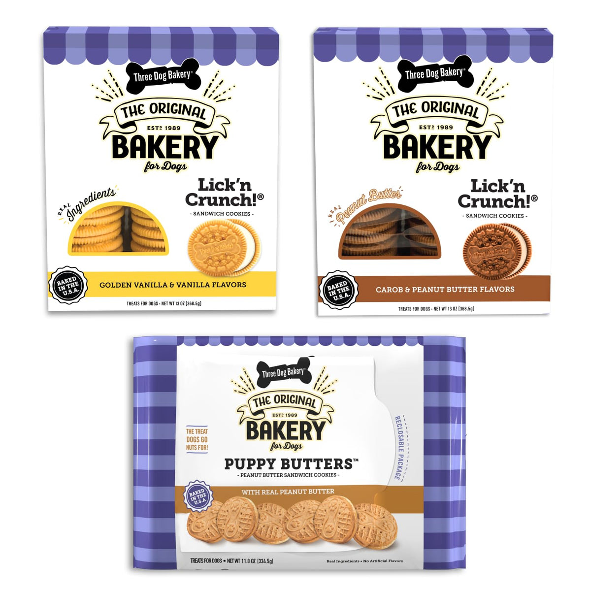 Three Dog Bakery Lick'n Crunch cookies in a resealable box, ideal training rewards.