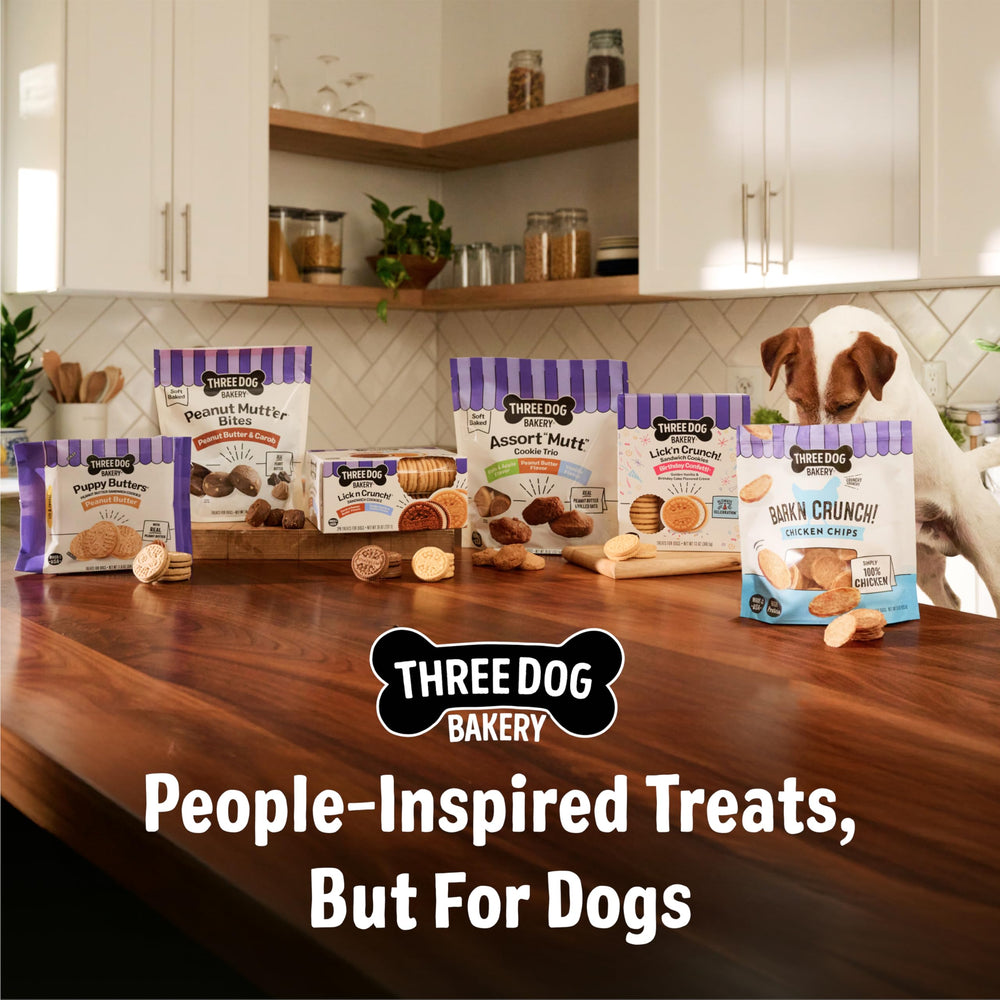 Three Dog Bakery Lick’n Crunch variety pack on shelf, great for everyday rewards.