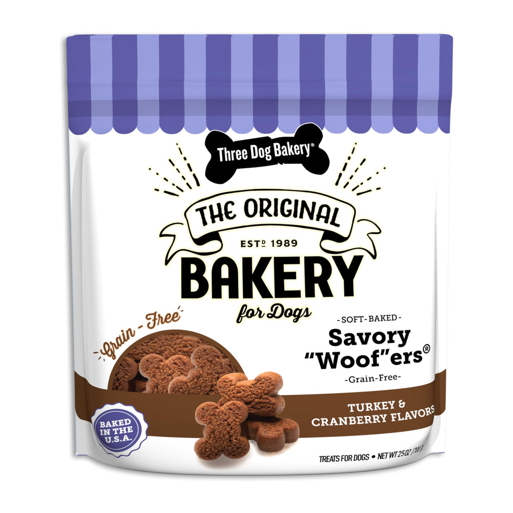 Three Dog Bakery soft baked meaty woofers with turkey and cranberries for a tasty reward.