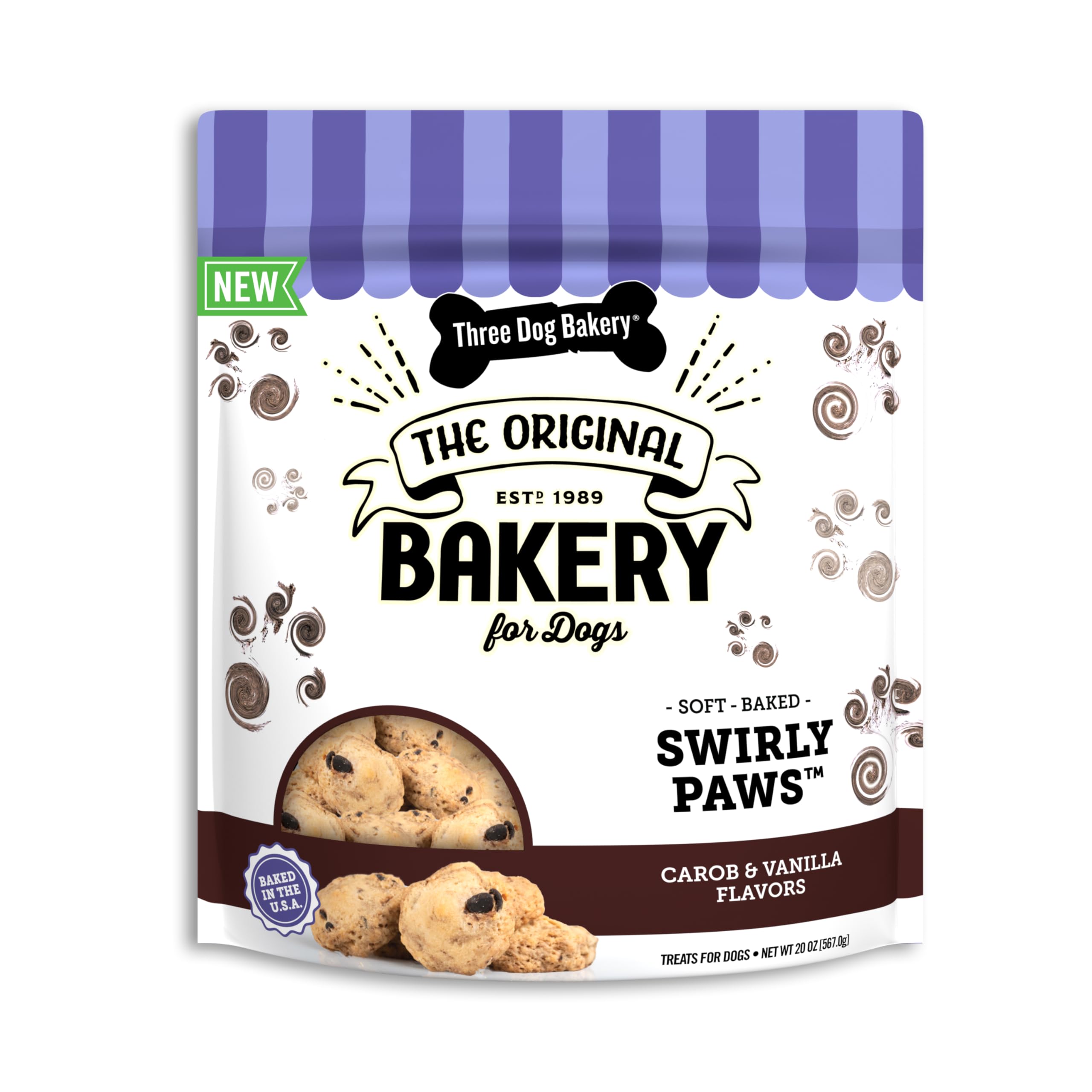 Three Dog Bakery Swirl Paws treats pack, tasty rewards for training