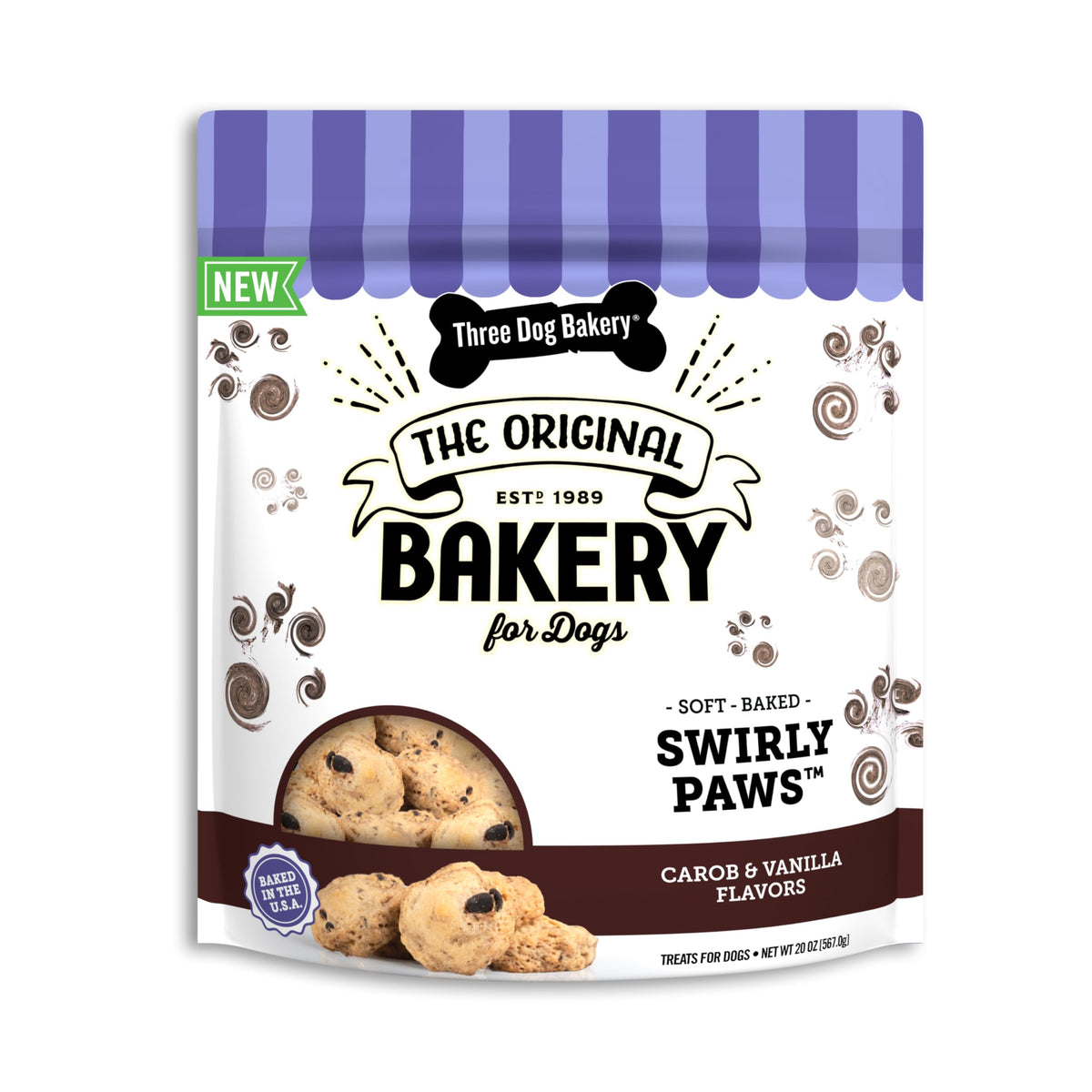 Three Dog Bakery Swirl Paws treats pack, tasty rewards for training