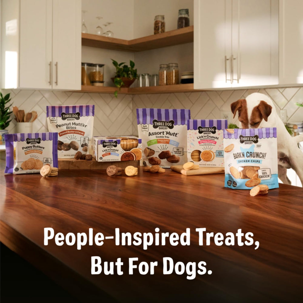 Three Dog Bakery Lick'n Crunch treats in a dog bowl, suitable for daily rewards.