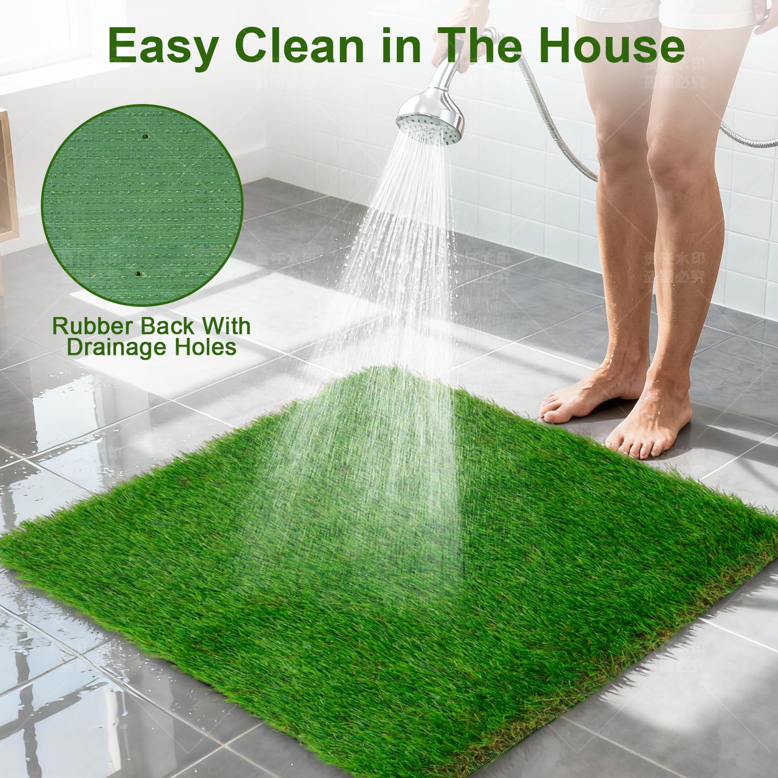 Three Oranges easy-clean, fast-draining turf mat with drainage holes.
