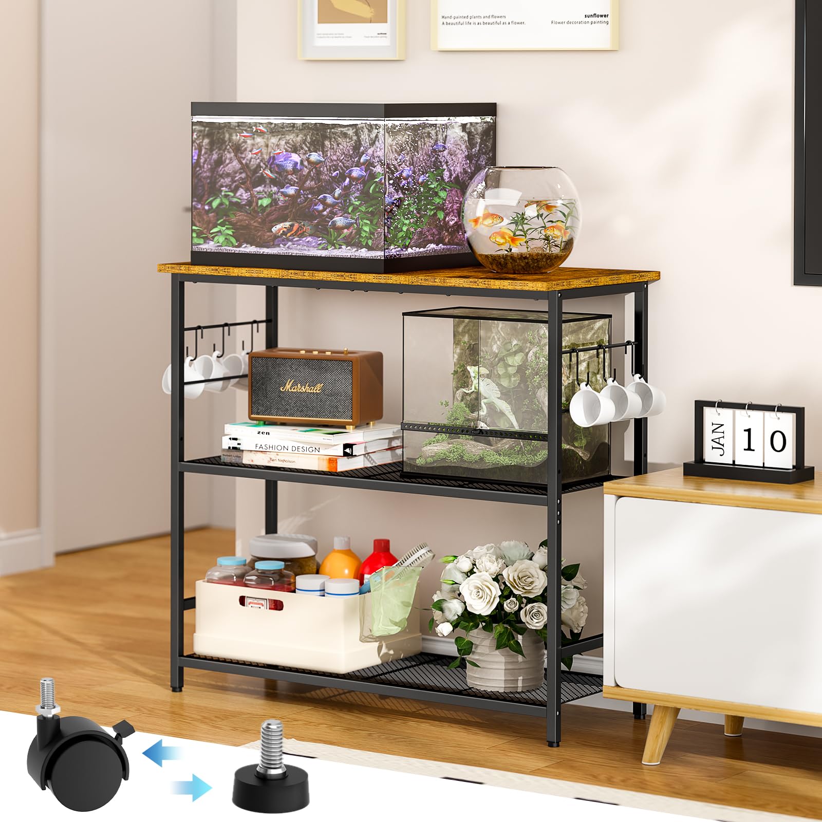 ThreeHio 3 tier aquarium stand side view with multiple shelves for organized gear