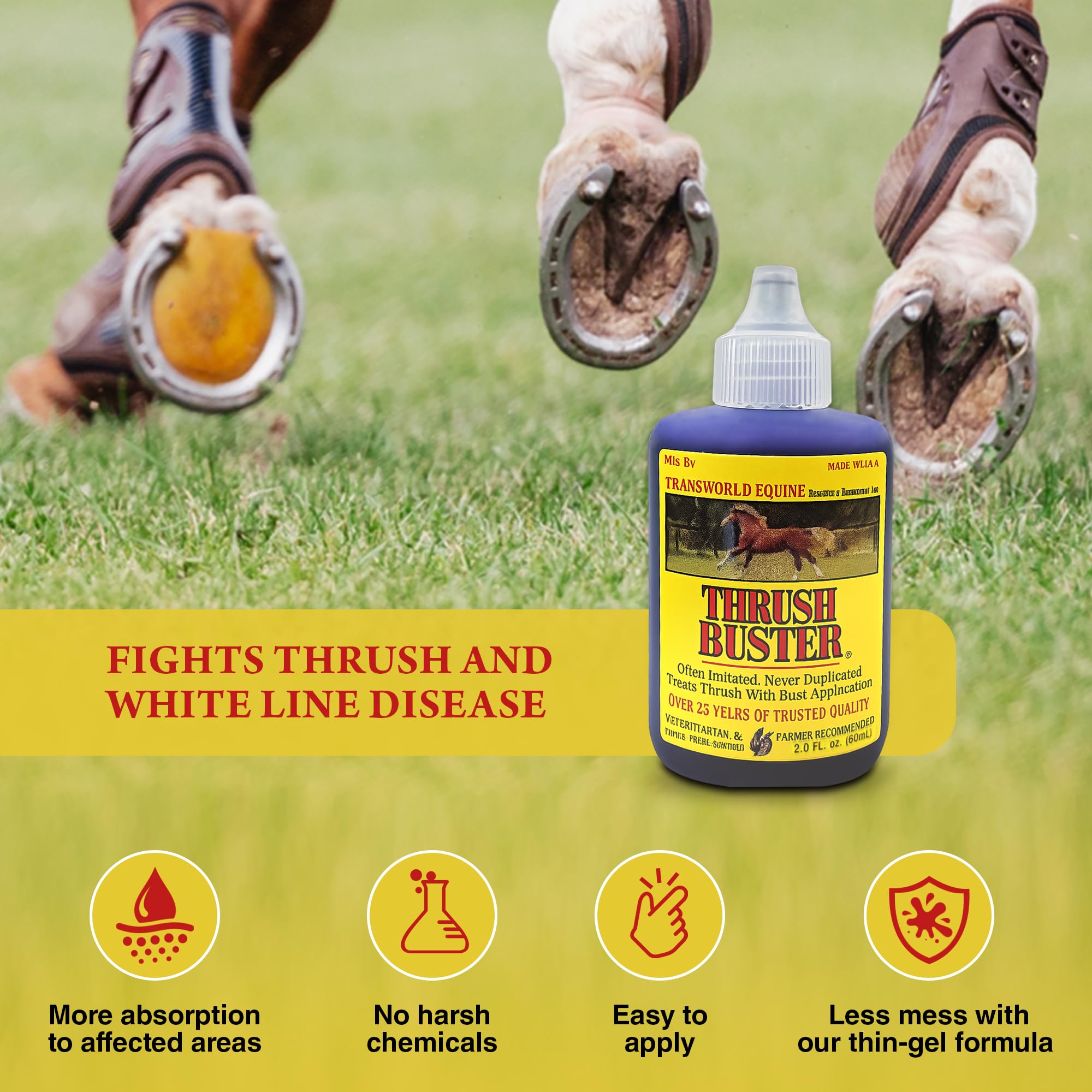 Thrush Buster bottle shown beside hoof care setup for easy routine