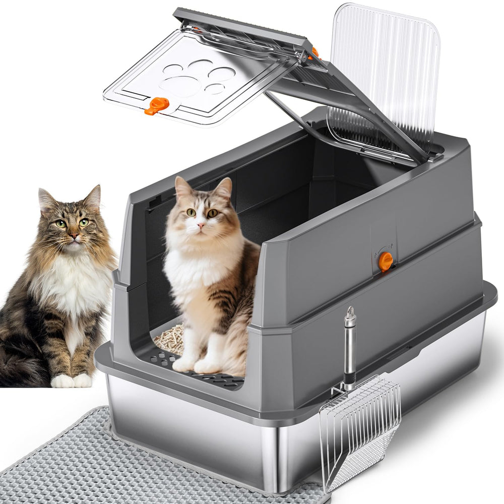 THS MUMS stainless steel litter box with flip lid for easy maintenance and odor control.