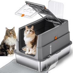 THS MUMS stainless steel litter box with flip lid for easy maintenance and odor control.