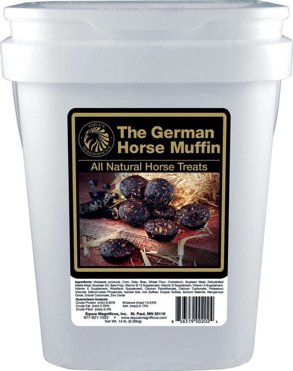 Thunbest DPD German Horse Muffin bucket showing all-natural horse treats.