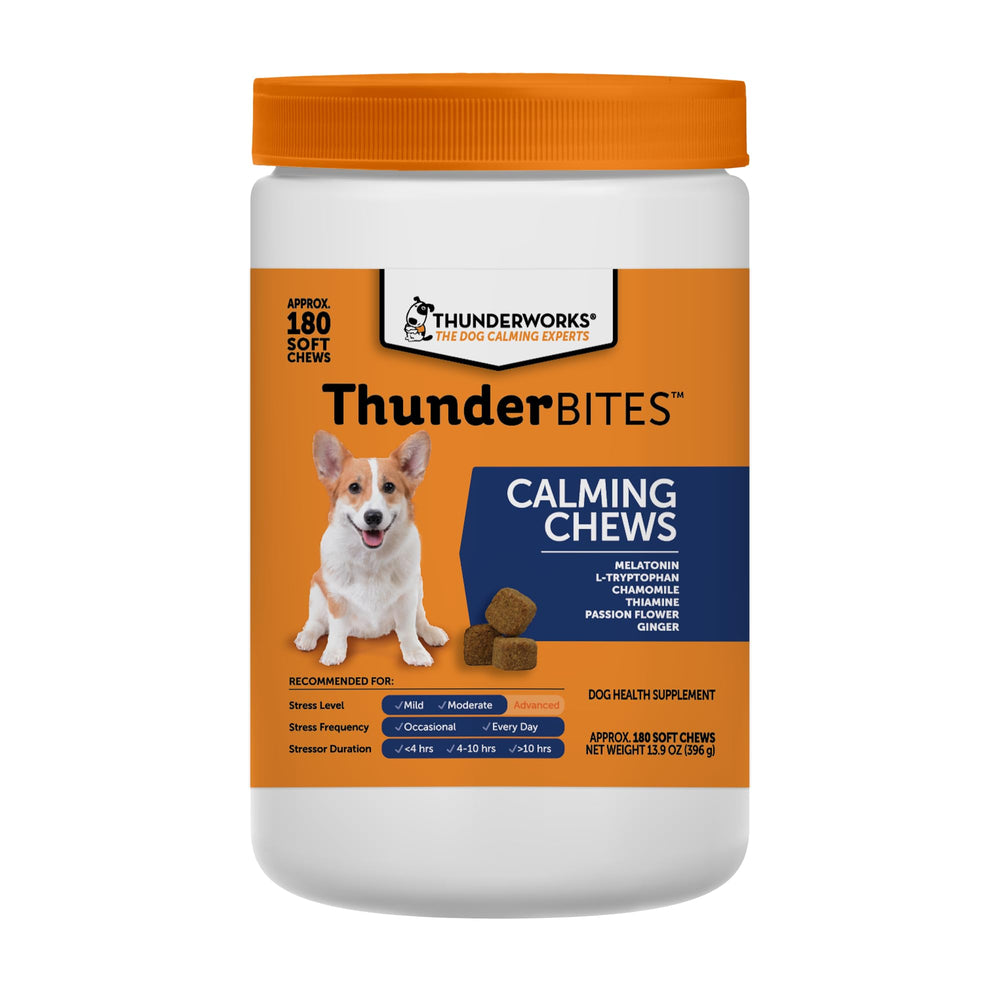 ThunderBites calming chews jar for dogs promotes a calmer mood during stress