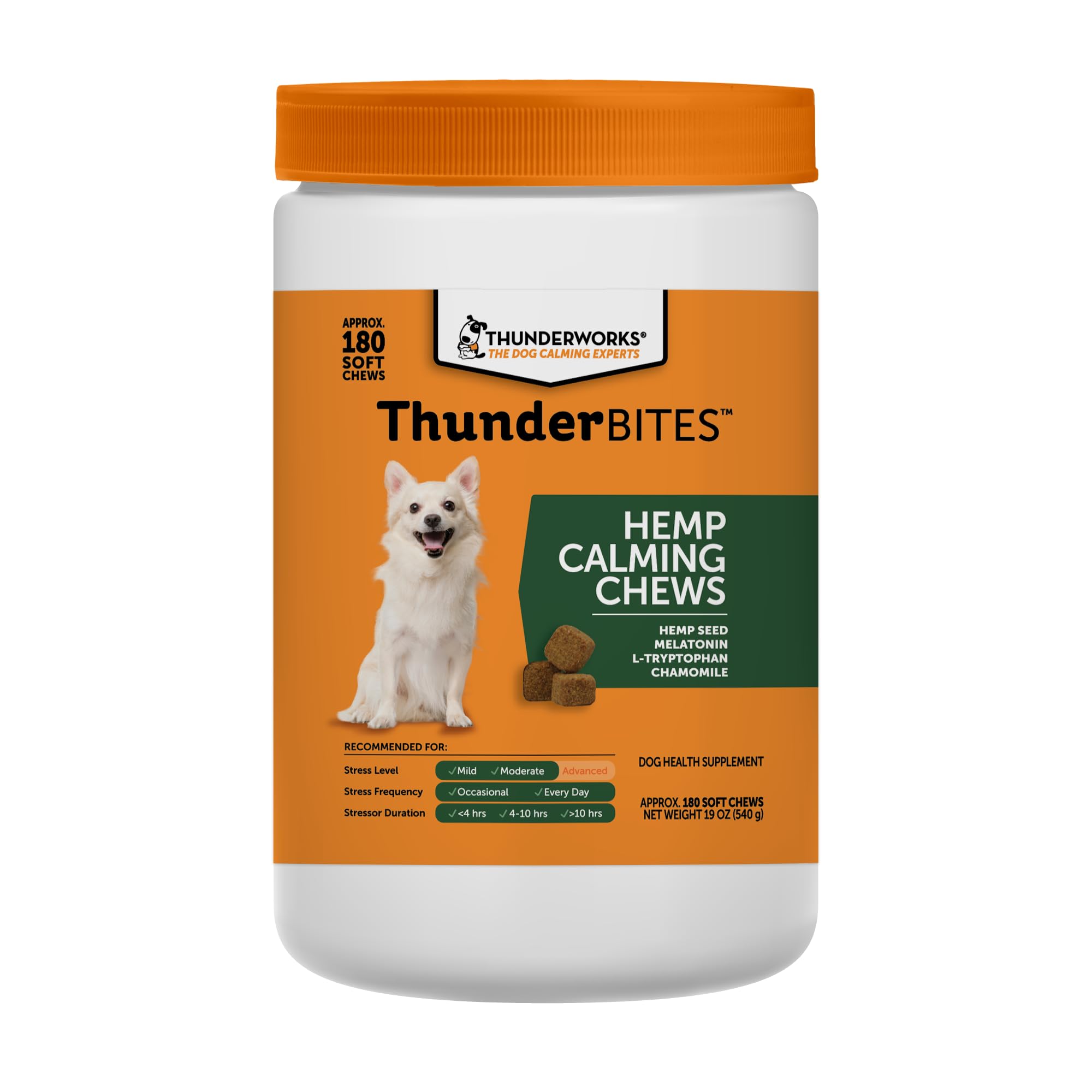 ThunderBites hemp calming chews bottle offers calming support during stressful events