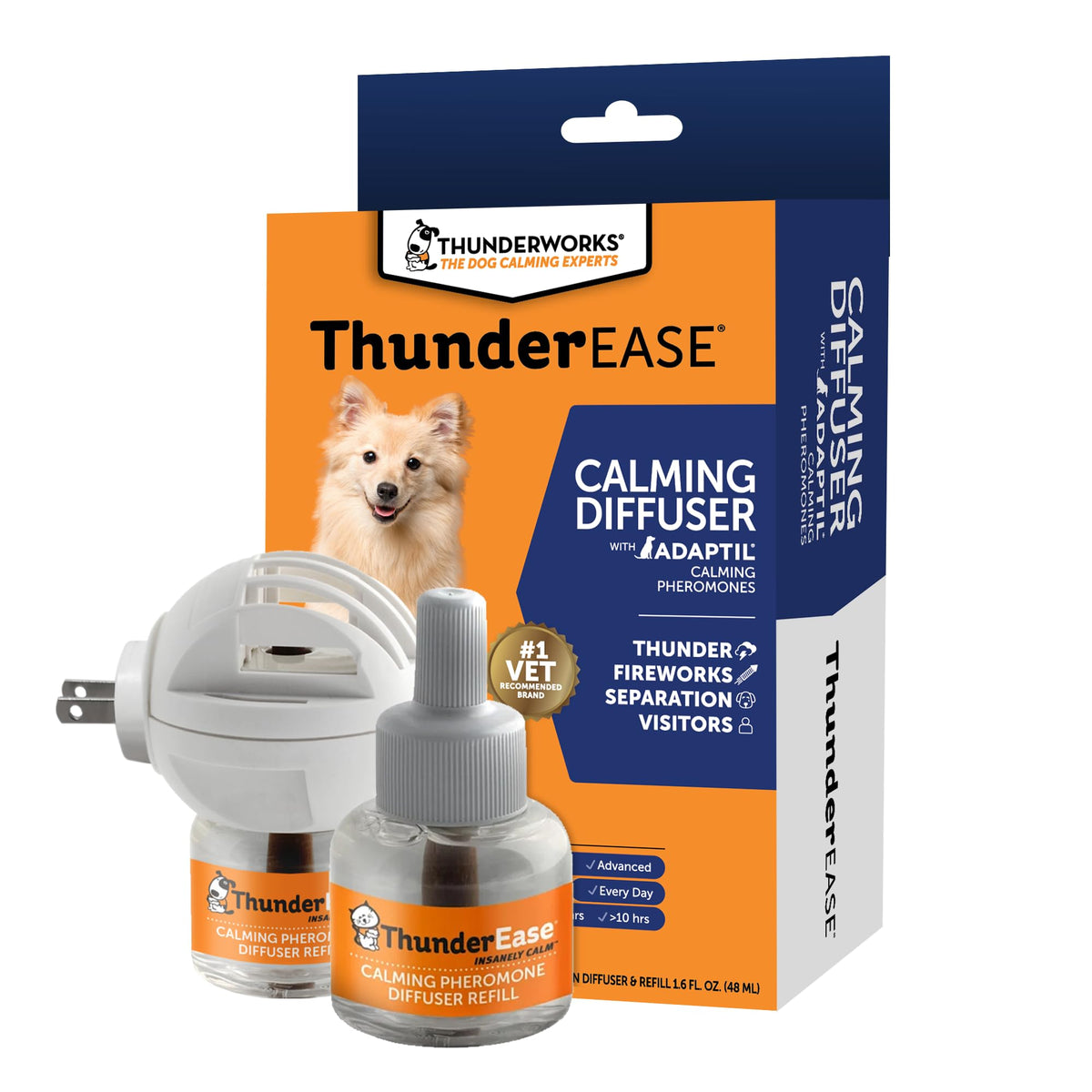ThunderEase diffuser in living room emitting a soothing pheromone scent for calm dogs.