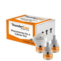 ThunderEase dog calming diffuser main unit in a cozy living room for steady dog comfort.