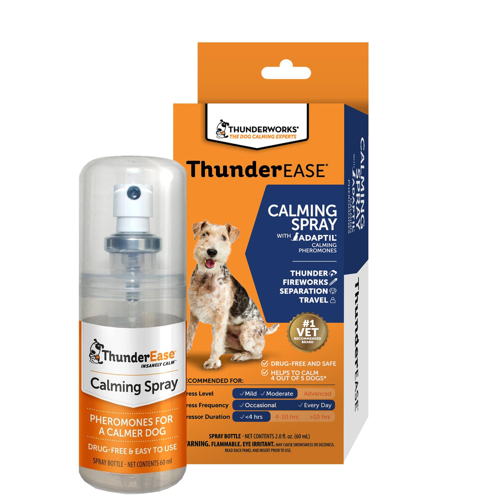 ThunderEase packaging for dog calming spray, vet-recommended calming solution.