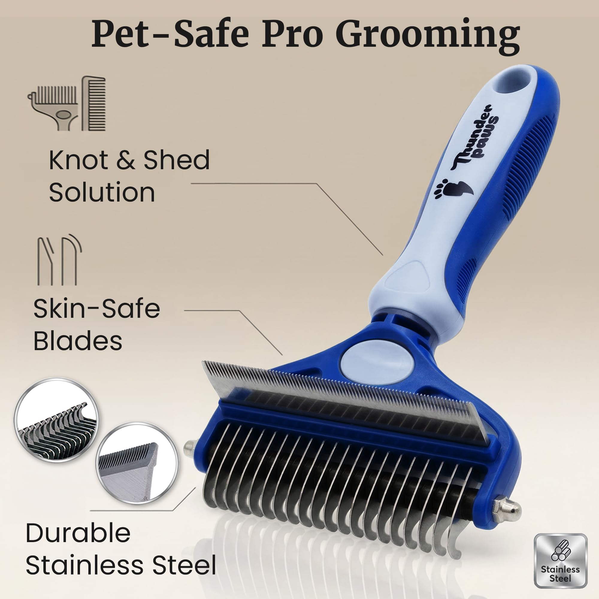 Thunderpaws D-Shedz stainless-steel comb teeth glide through mats.