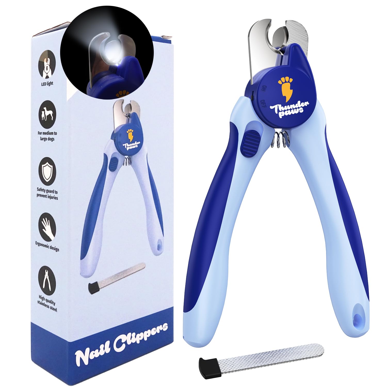 Thunderpaws LED dog nail clippers with light for precise trimming.