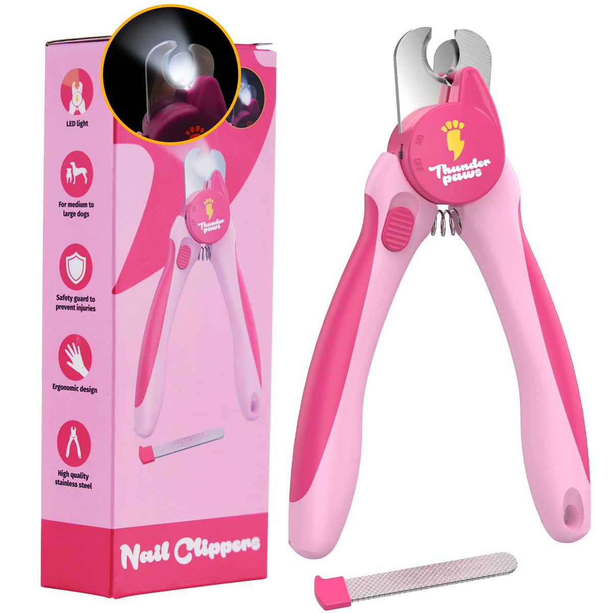 Thunderpaws nail clippers with LED light for safer trimming on light nails