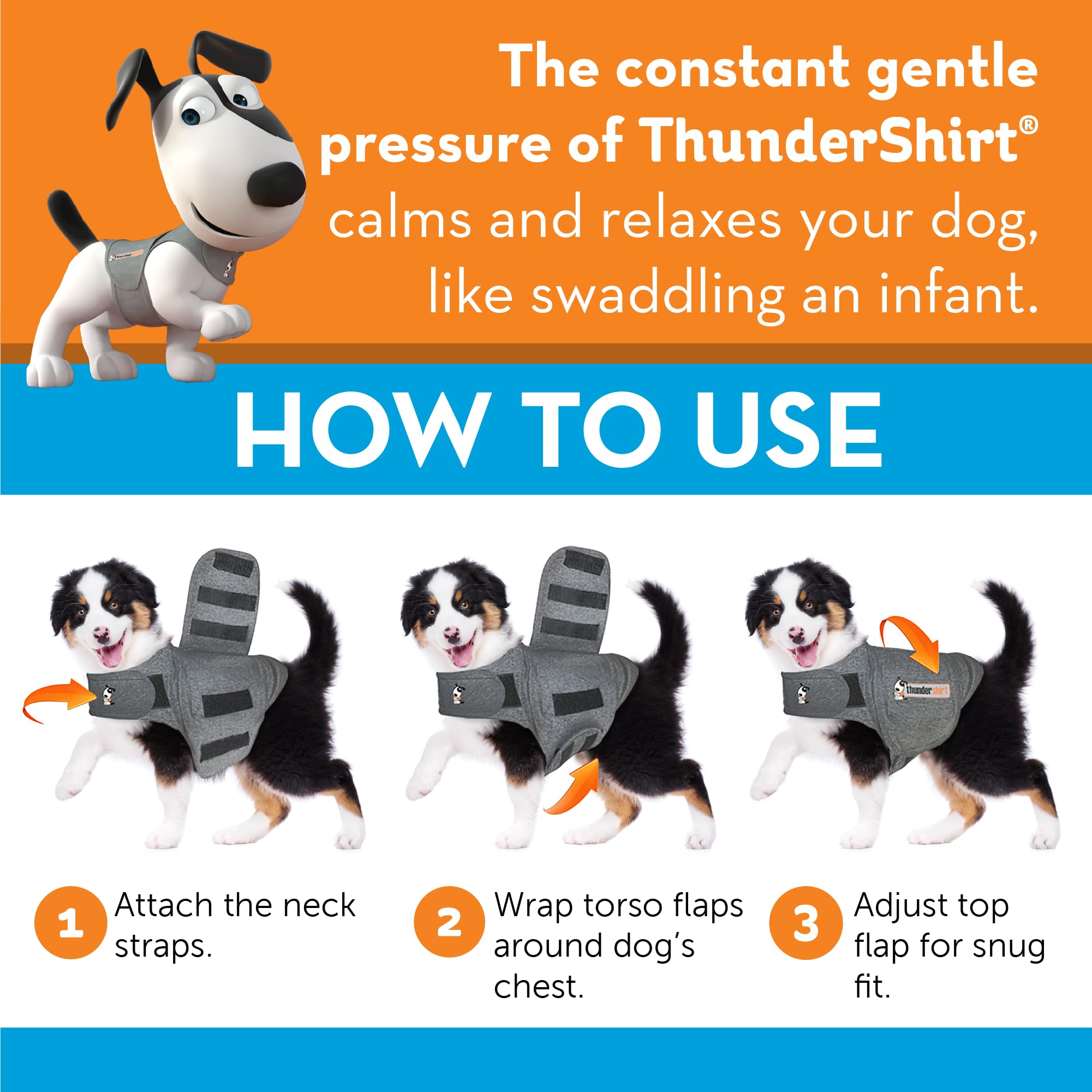 ThunderShirt fastened straps provide a snug, drug-free calming option
