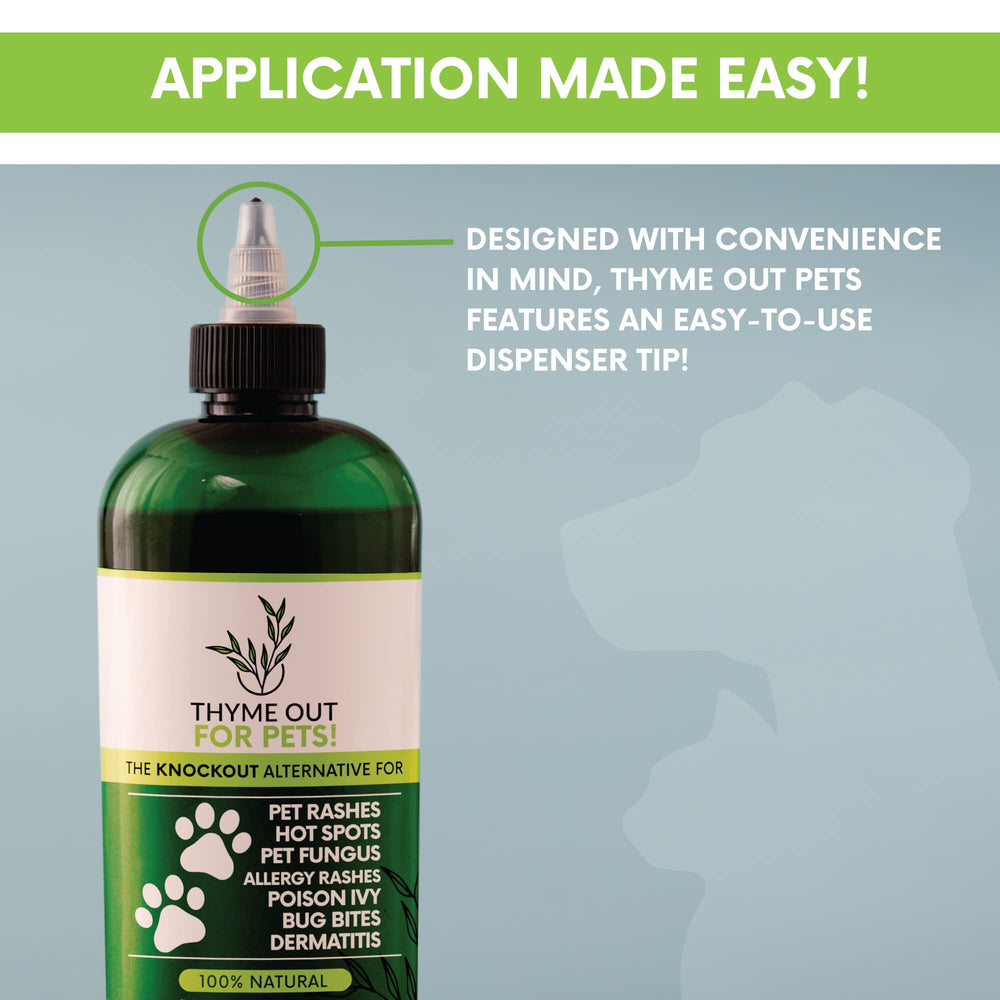 Thyme Out for Pets applied-to-skin closeup highlights soothing aloe and thyme