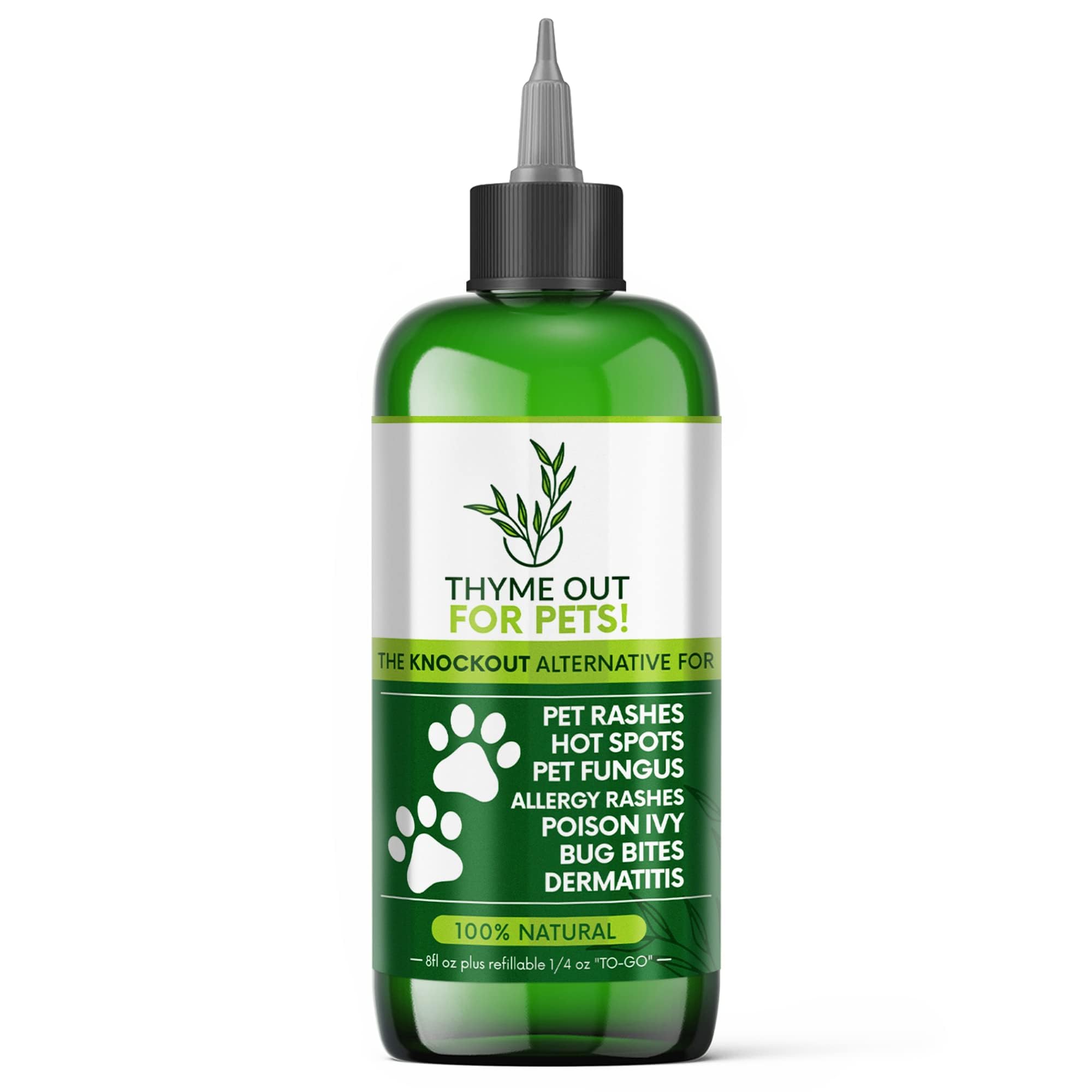 Thyme Out for Pets bottle-front shows natural itch relief formula for dogs and cats