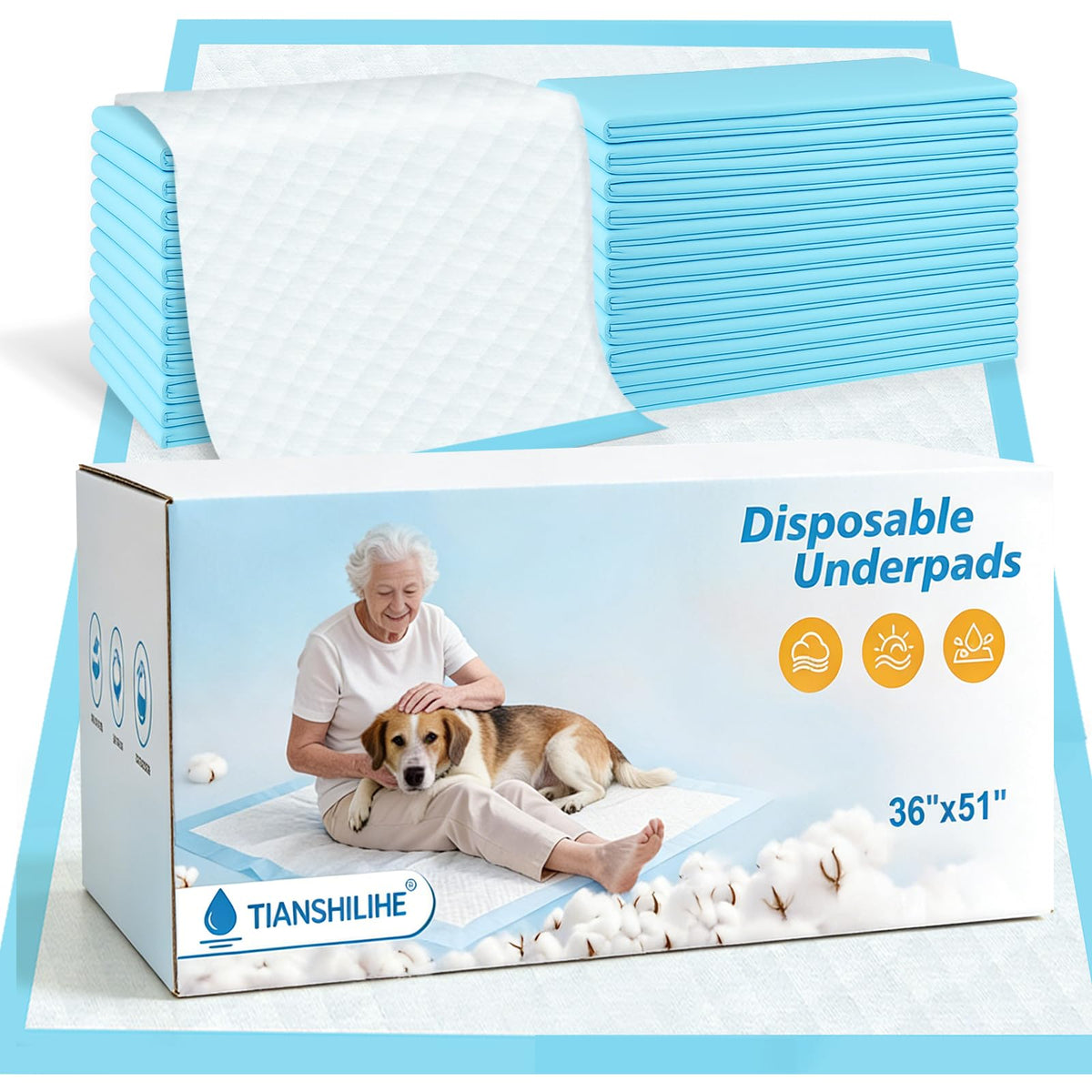 TIANSHILIHE puppy pee pads 51x36 pack, 100-count, ideal for large breed training.
