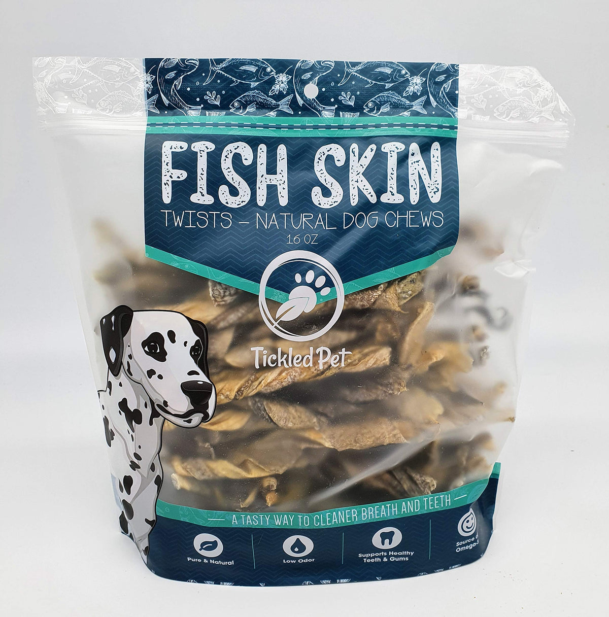 TickledPet Icelandic cod skin treat pack 16 oz, convenient healthy reward.