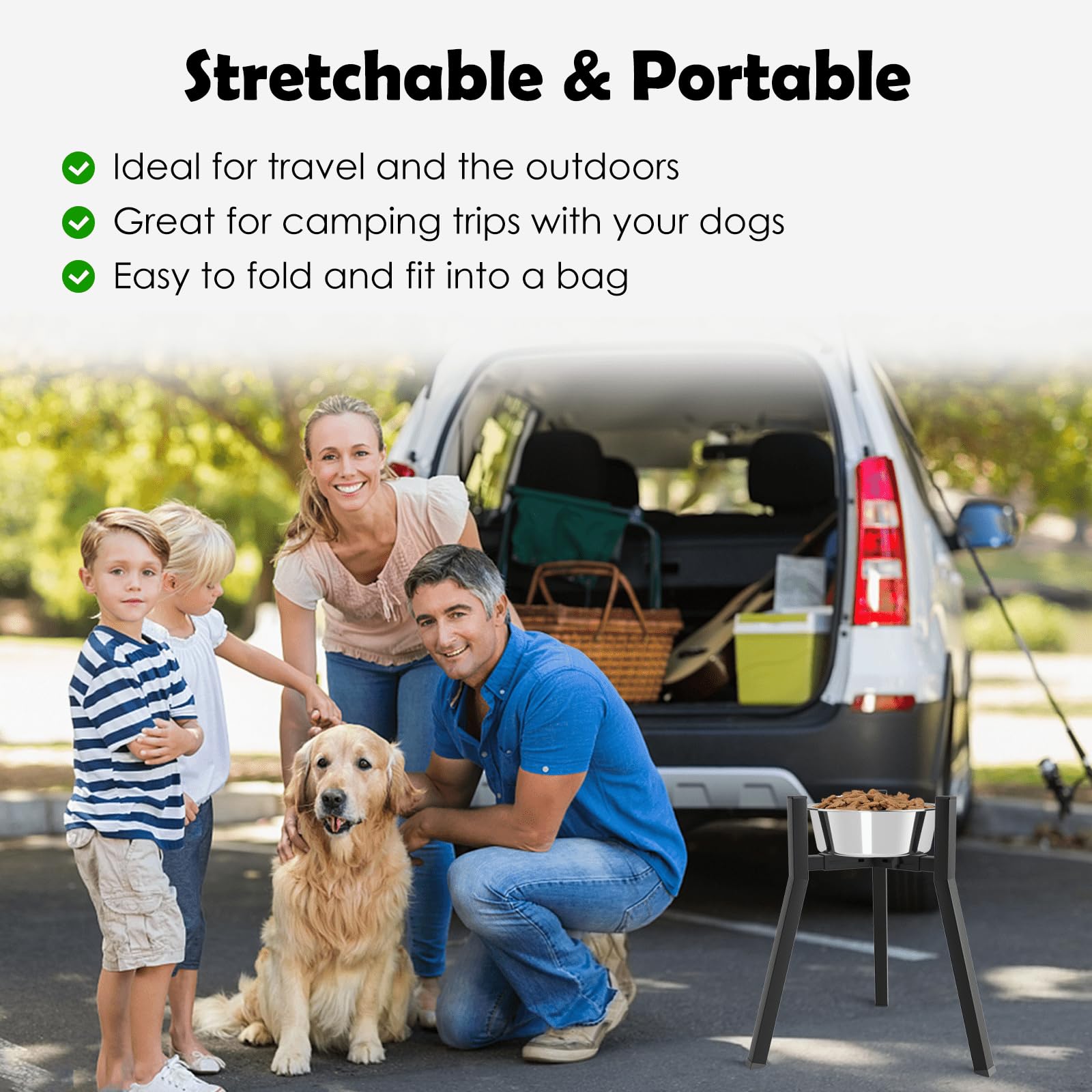 TIDANT elevated stand suitable for home or on-the-go feeding.
