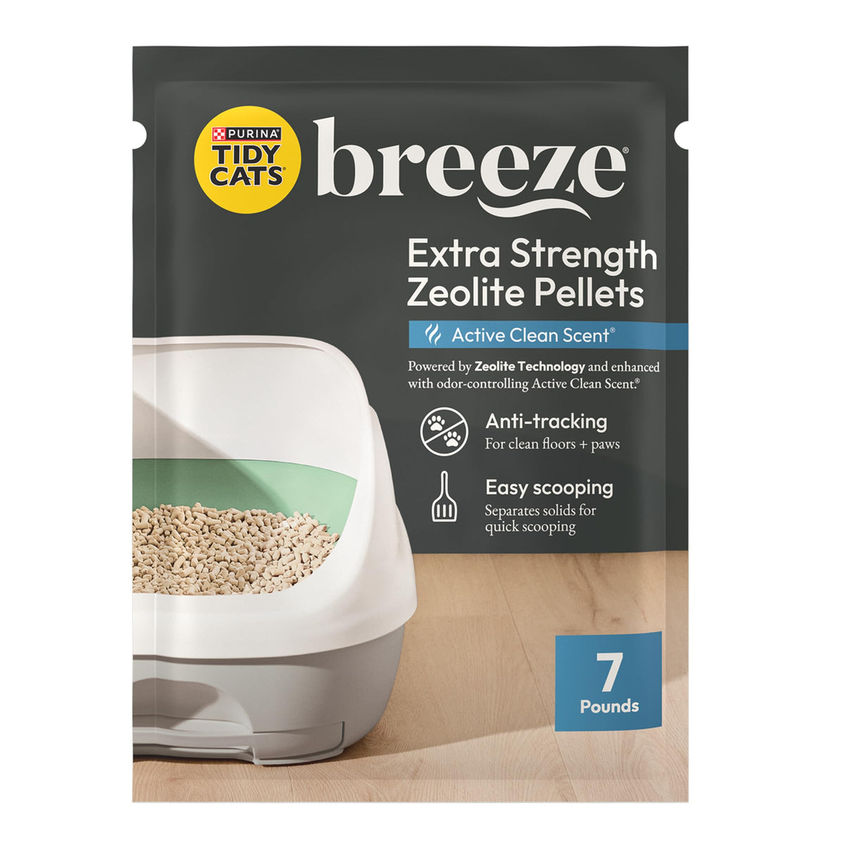 Tidy Cats Breeze pellets packaging in recyclable box for easy refills.