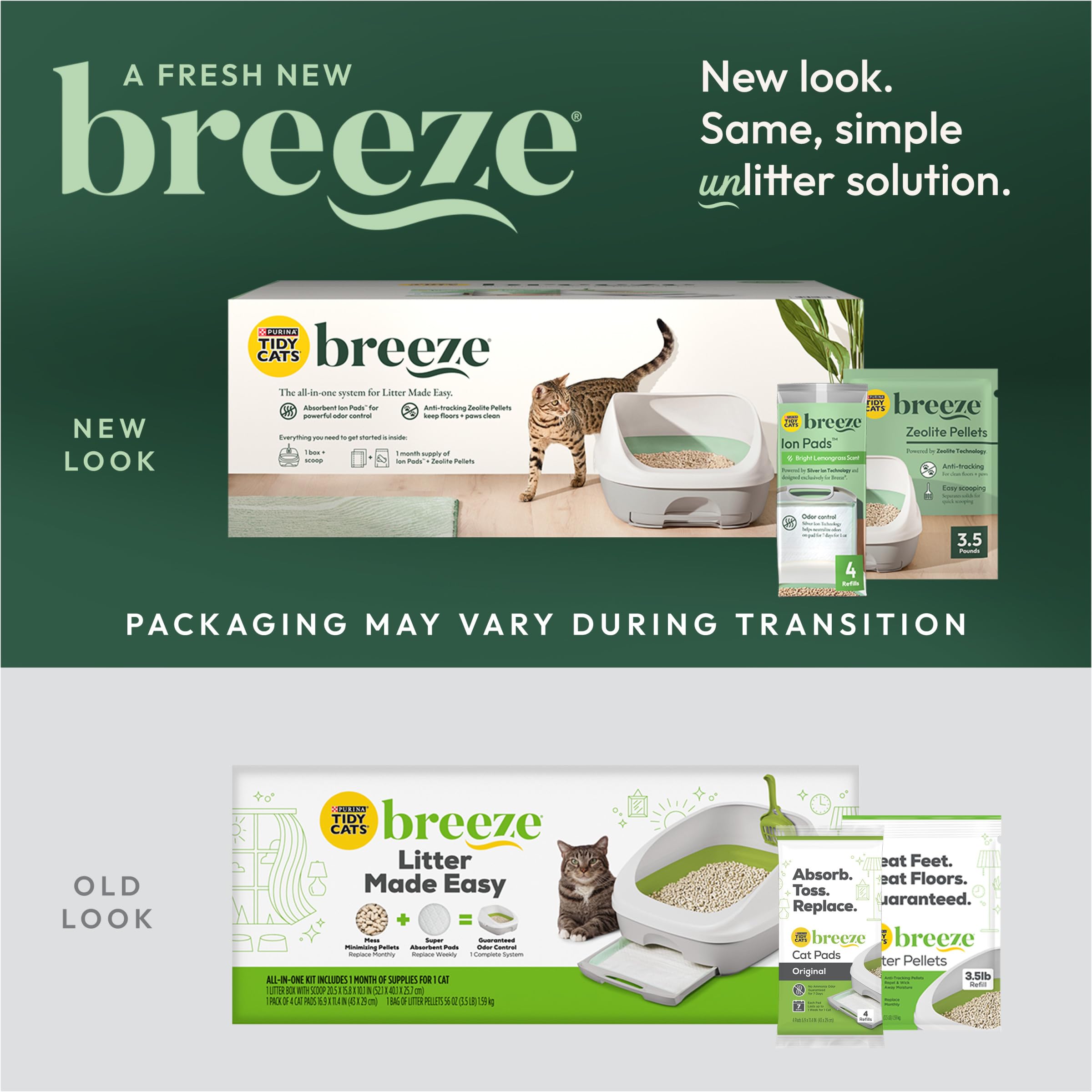 Purina Tidy Cats Breeze zeolite pellets highlight low-dust performance and reduced tracking.