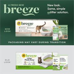 Purina Tidy Cats Breeze zeolite pellets highlight low-dust performance and reduced tracking.