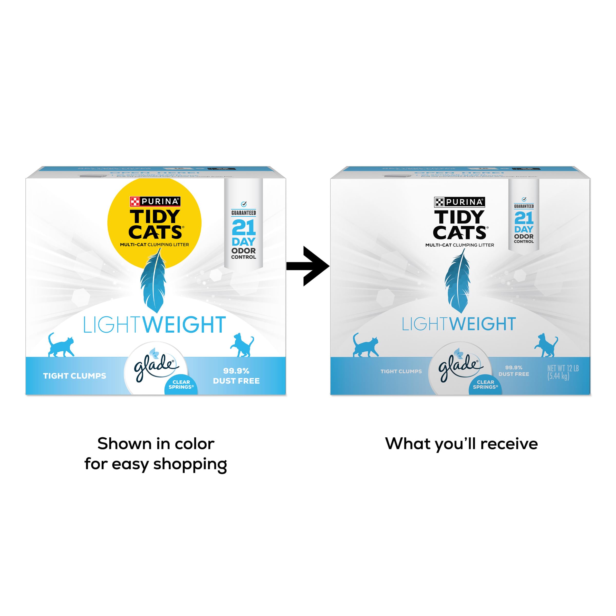Tidy Cats Lightweight with Glade Clear Springs packaging demonstrates easy scooping for multi-cat homes.