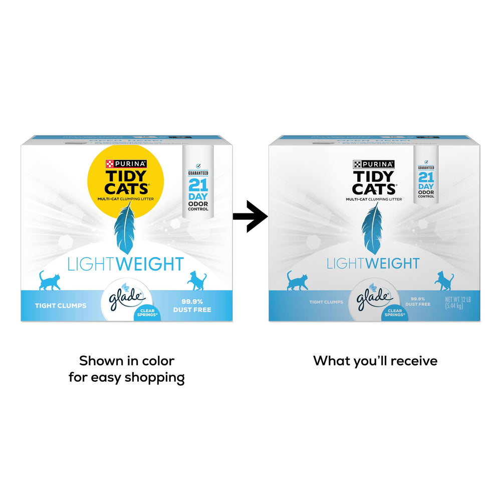 Tidy Cats Lightweight with Glade Clear Springs packaging demonstrates easy scooping for multi-cat homes.