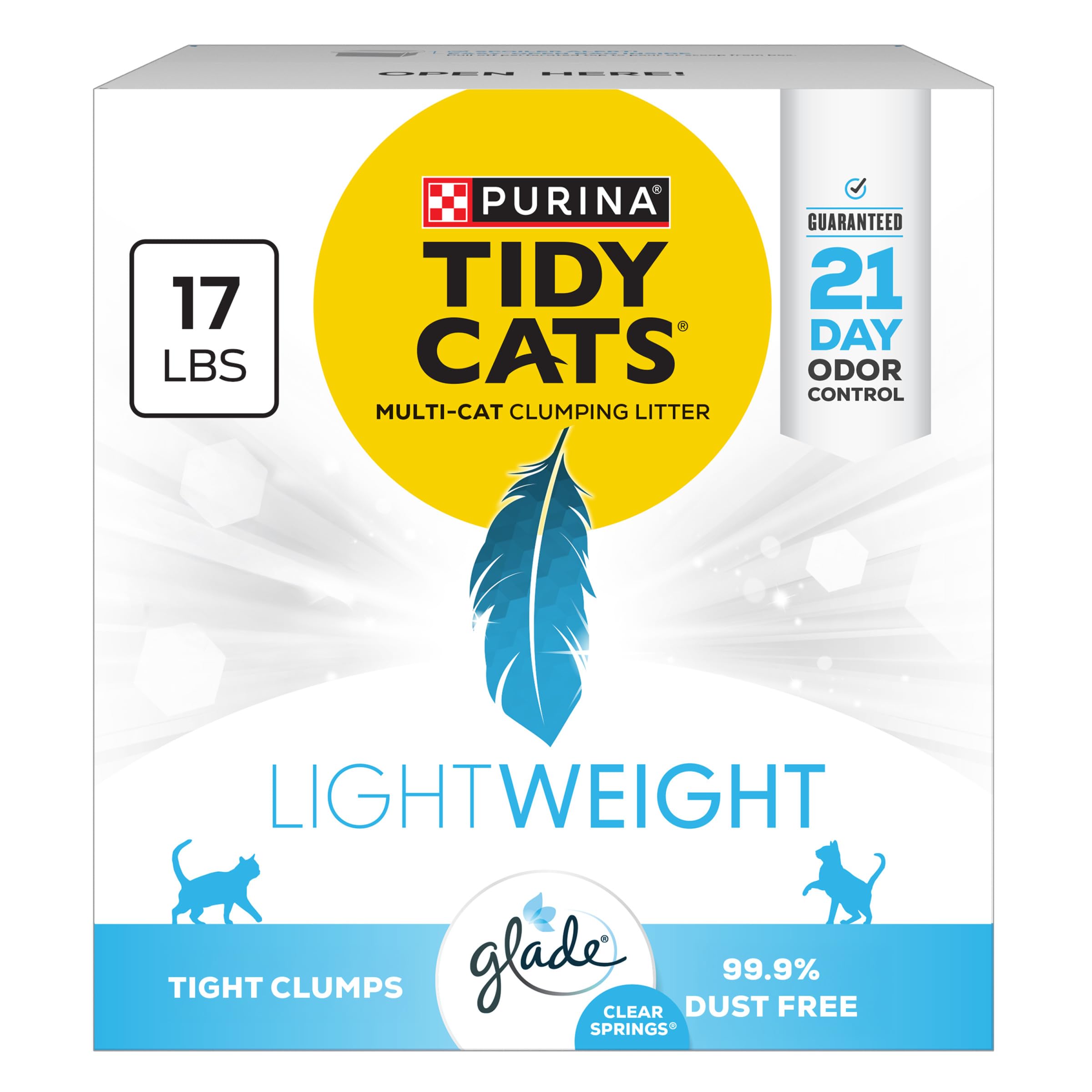 Purina Tidy Cats Lightweight with Glade Clear Springs packaging showing a lightweight box for easy carrying.