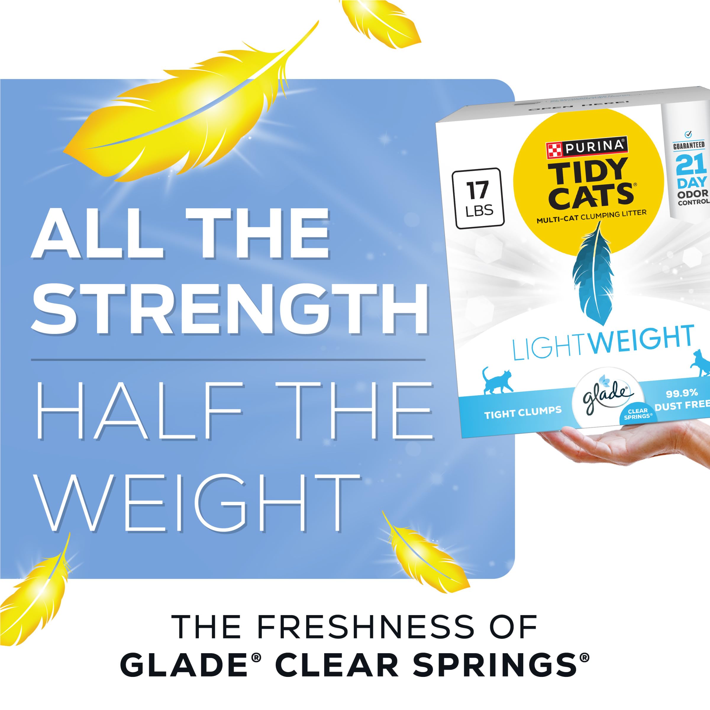 Purina Tidy Cats Lightweight with Glade Clear Springs 21-day odor control scene emphasizes long-lasting freshness.
