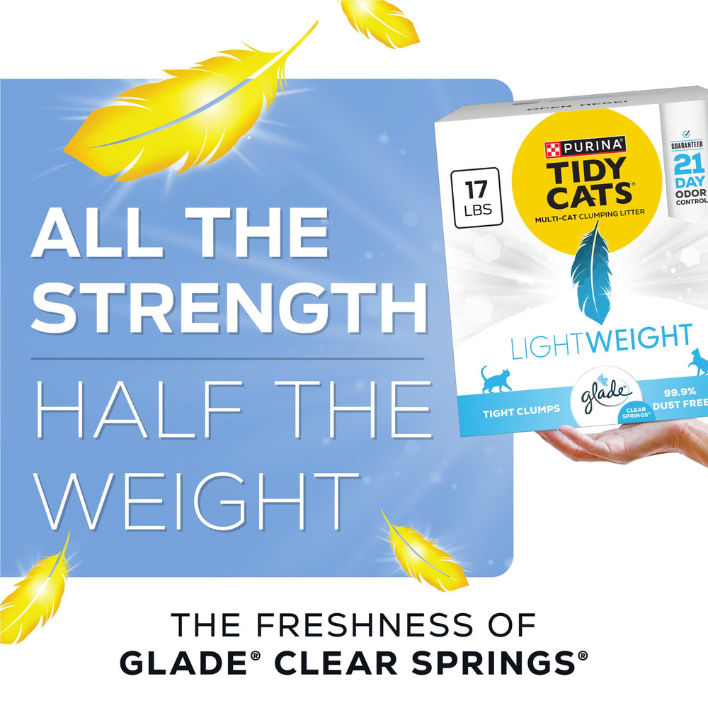 Purina Tidy Cats Lightweight with Glade Clear Springs 21-day odor control scene emphasizes long-lasting freshness.