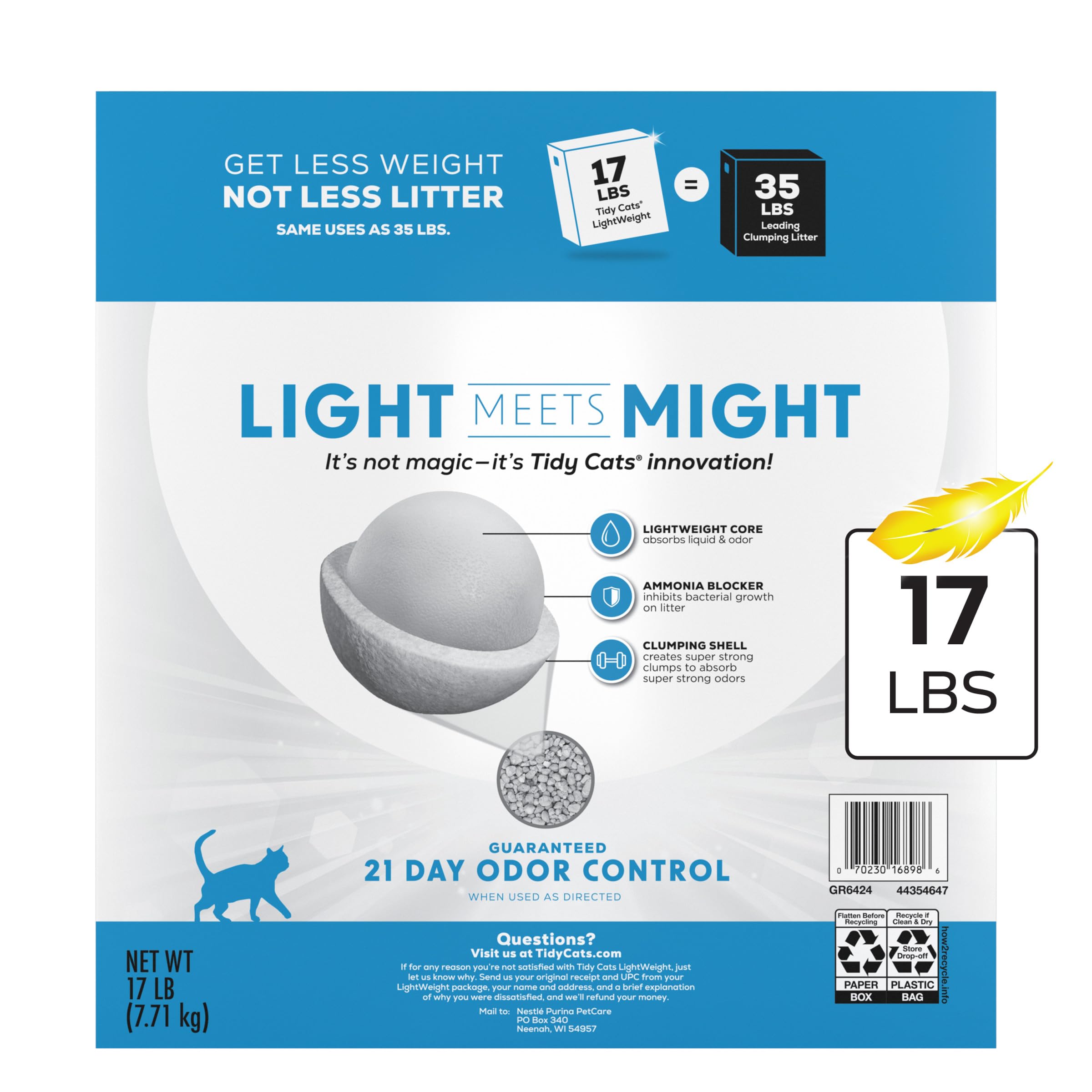 Tidy Cats LightWeight weight advantage emphasizes 50% lighter product.