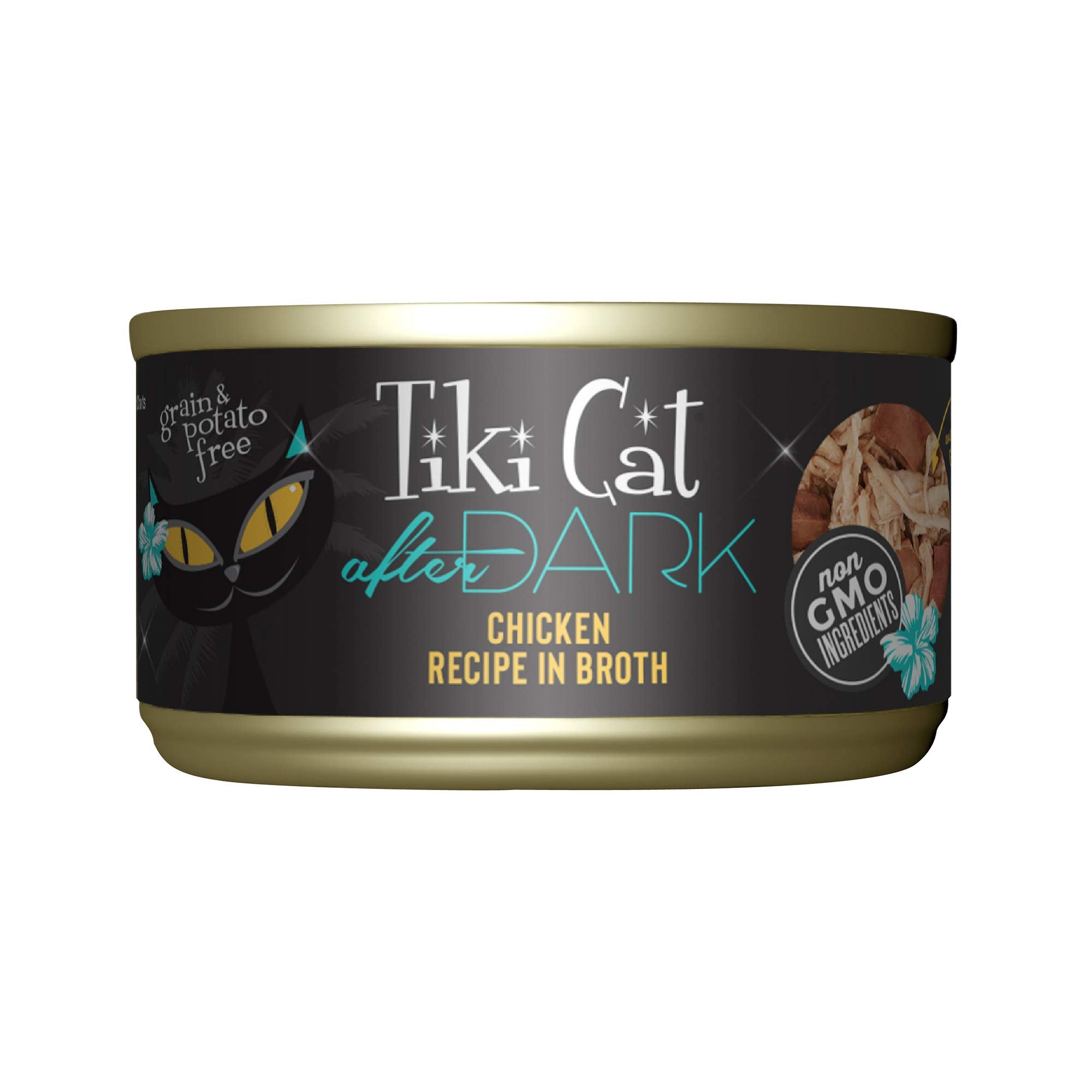 Tiki Cat After Dark chicken can front view showing real chicken for protein-rich meals.