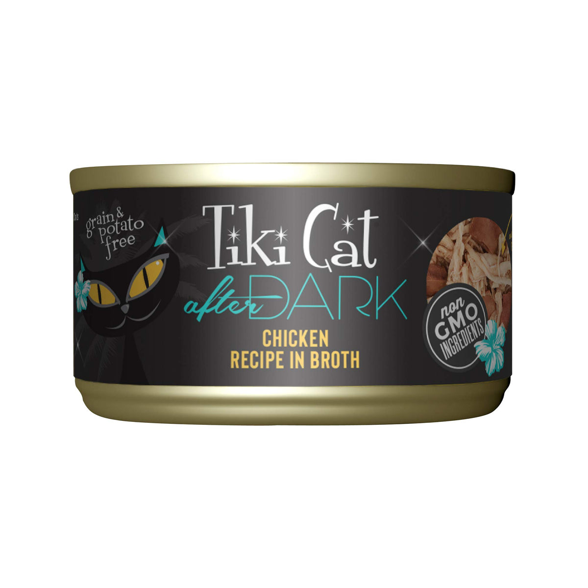 Tiki Cat After Dark chicken can front view showing real chicken for protein-rich meals.