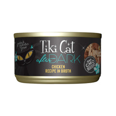 Tiki Cat After Dark chicken can front view showing real chicken for protein-rich meals.
