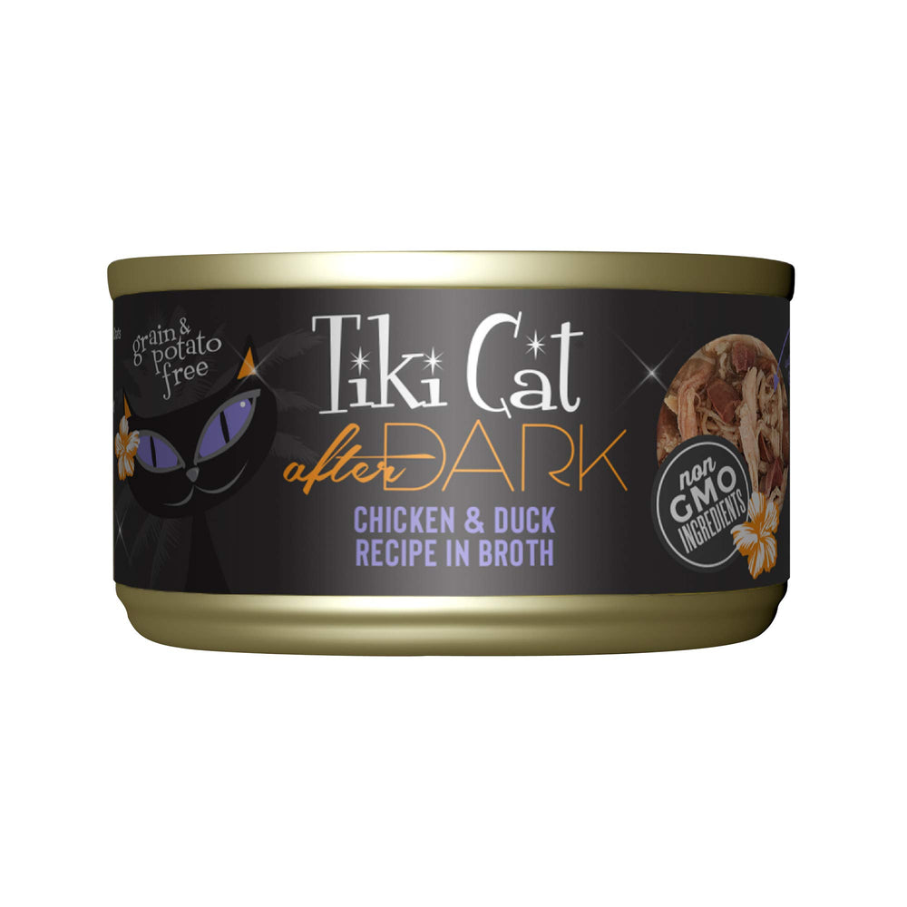 Tiki Cat After Dark chicken and duck cans show grain-free, protein-rich meals.