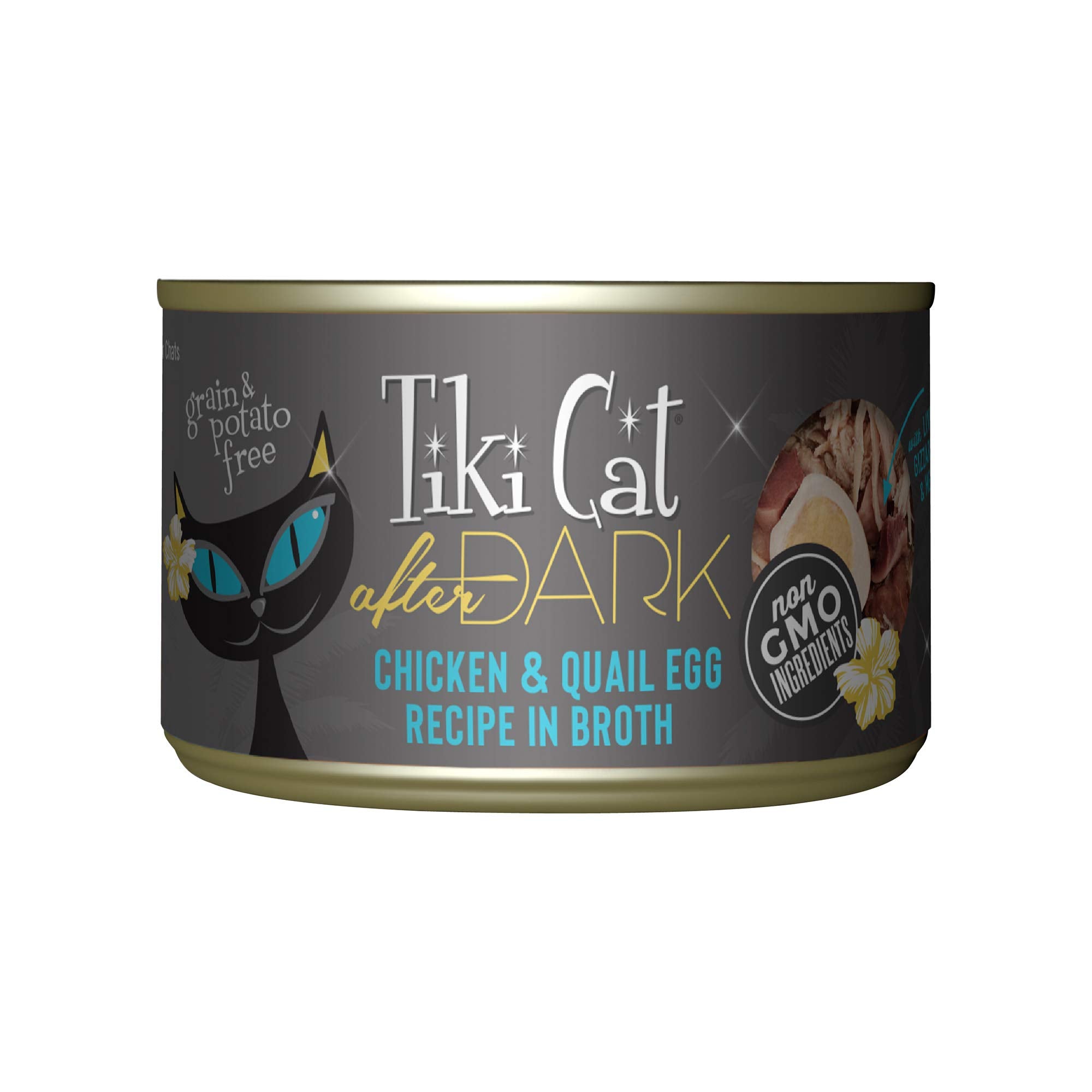 Tiki Cat After Dark chicken and quail egg can for high-protein, grain-free nutrition.